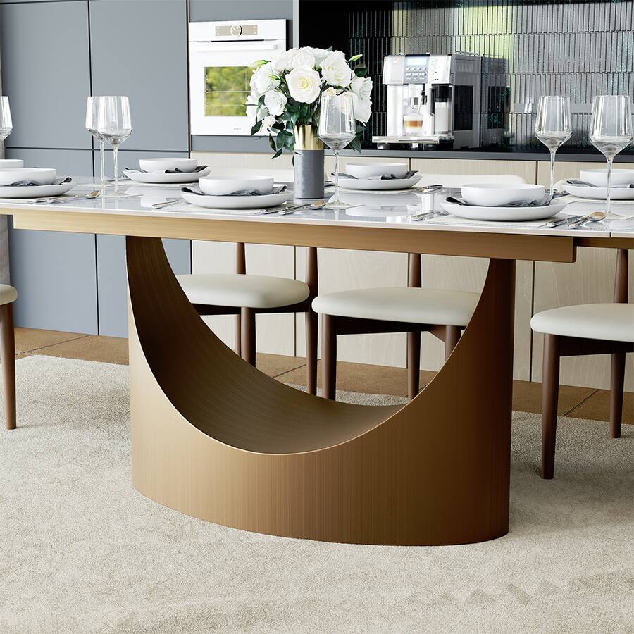 Extendable Modern White Dining Table for 6-10,Rectangular Glossy Sintered Stone Tabletop,Bronze Carbon Steel Leg - Glossy White Sintered Stone with Bronze