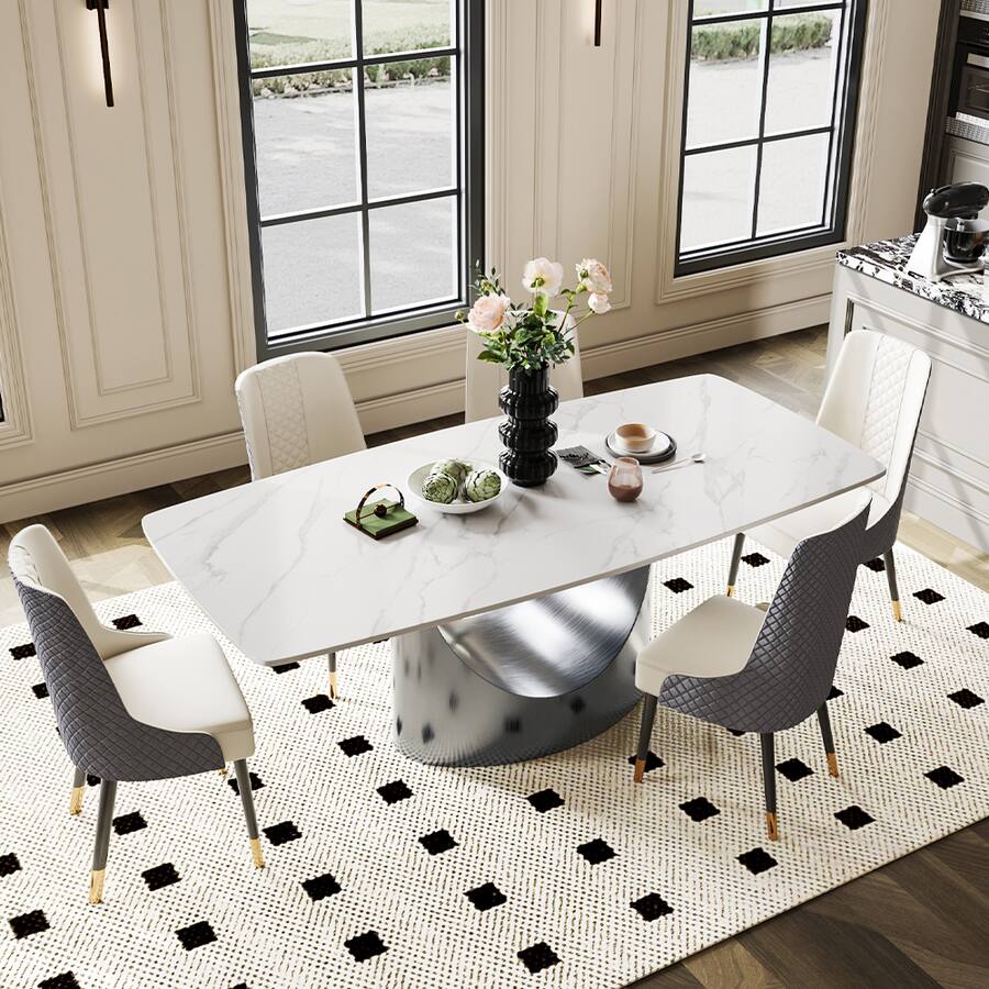 Modern Minimalist Dining Table for 8-10, White Rectangular Matte Sintered Stone Tabletop, Dark Gray Carbon Steel Leg - Matte White Sintered Stone with Gray