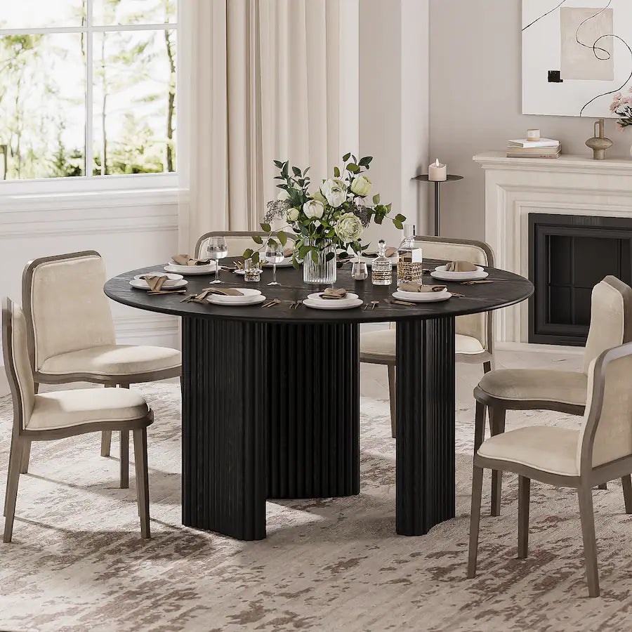 Solid Oak Farmhouse Dining Table for 6, 52" Minimalist Round Kitchen Table with 3-Leg Base - Black