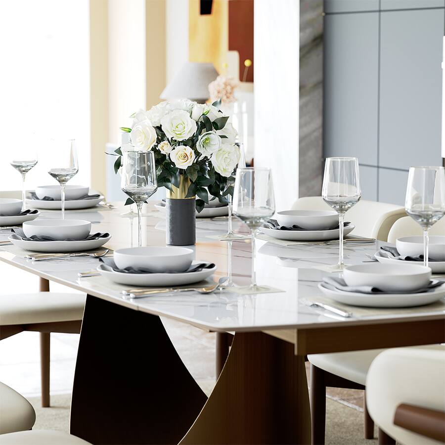 Extendable Modern White Dining Table for 6-10,Rectangular Glossy Sintered Stone Tabletop,Bronze Carbon Steel Leg - Glossy White Sintered Stone with Bronze
