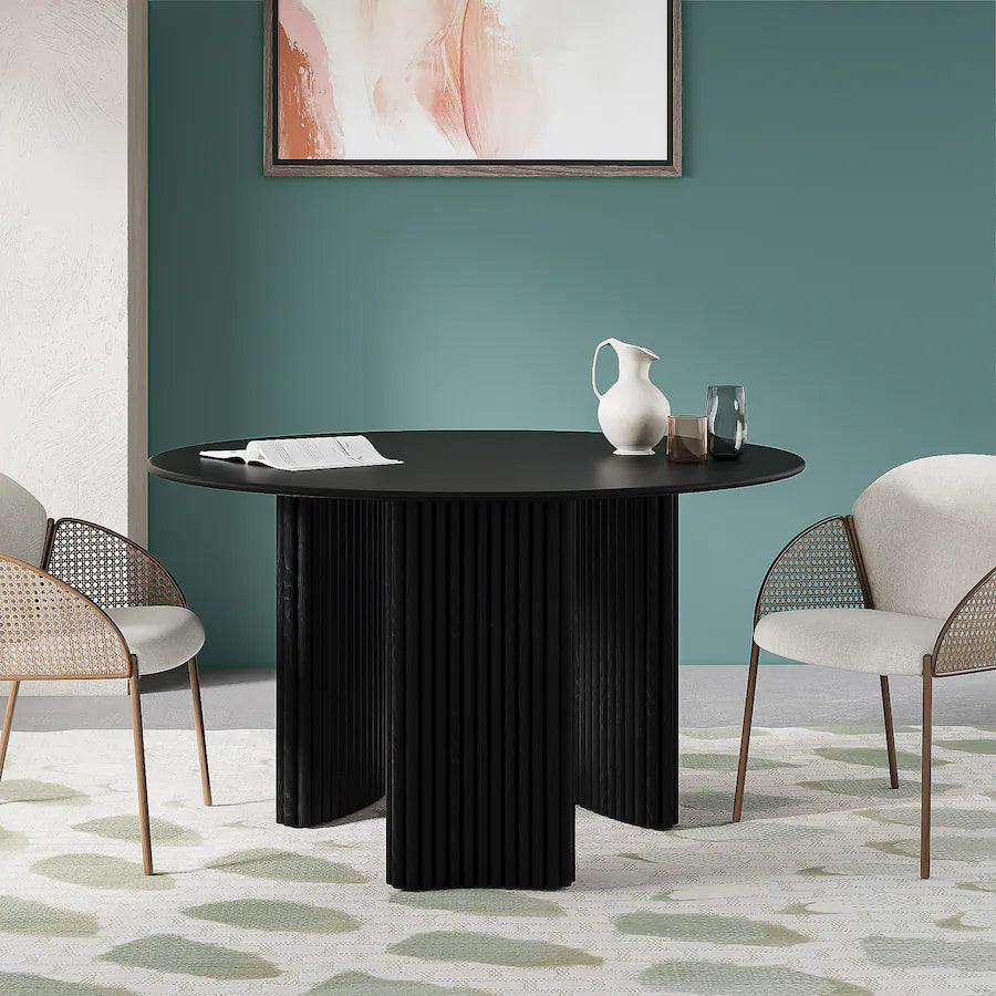 Solid Oak Farmhouse Dining Table for 6, 52" Minimalist Round Kitchen Table with 3-Leg Base - Black