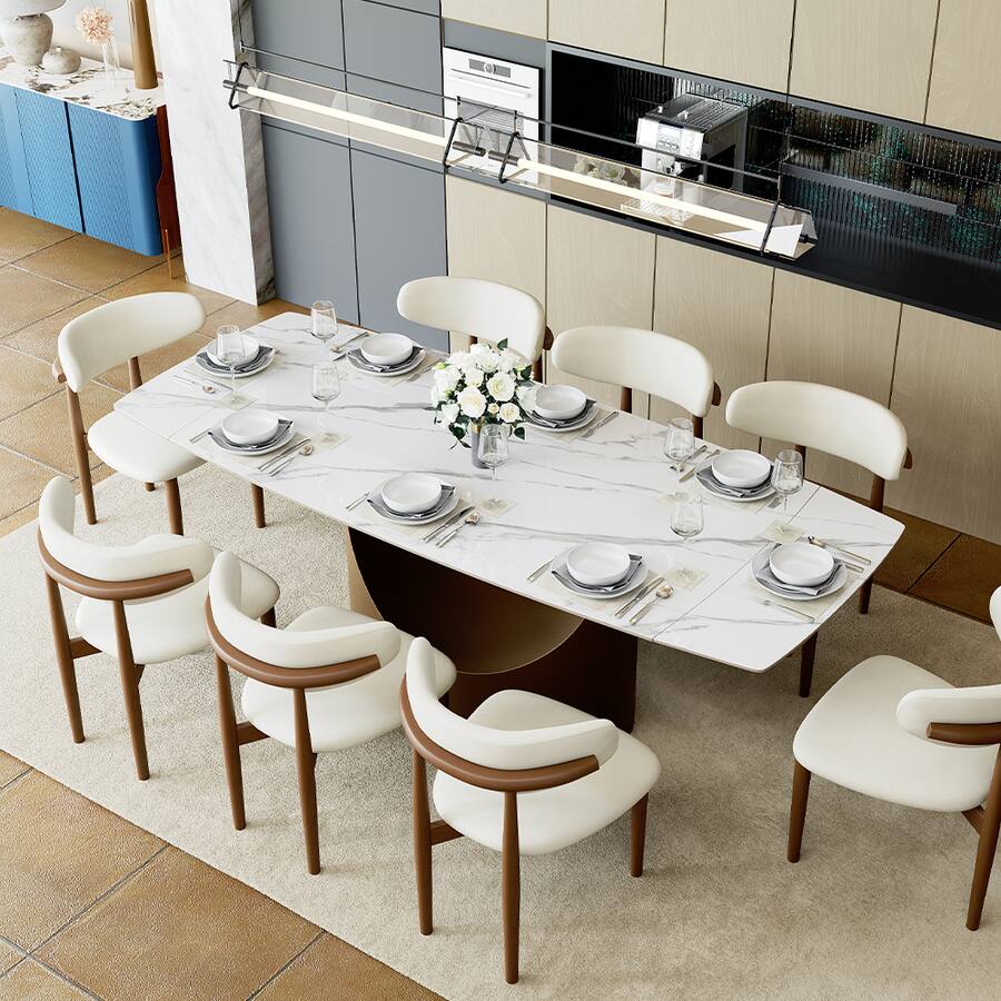 Extendable Modern White Dining Table for 6-10,Rectangular Glossy Sintered Stone Tabletop,Bronze Carbon Steel Leg - Glossy White Sintered Stone with Bronze