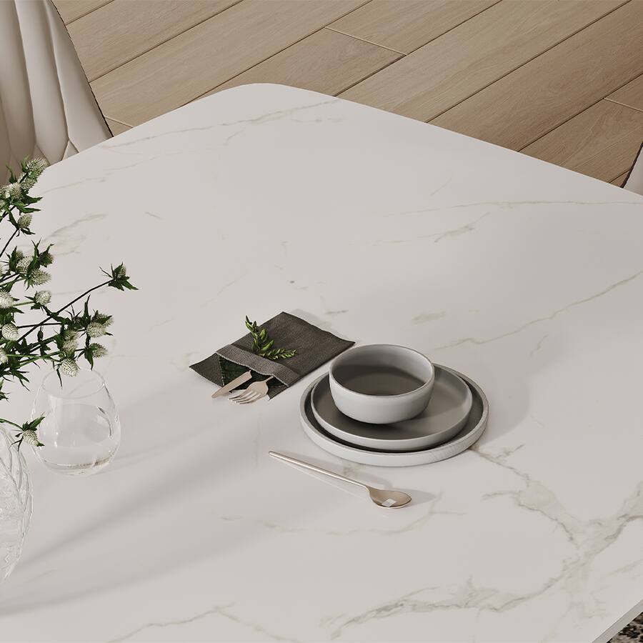 Modern Minimalist Dining Table for 8-10, White Rectangular Matte Sintered Stone Tabletop, Dark Gray Carbon Steel Leg - Matte White Sintered Stone with Gray