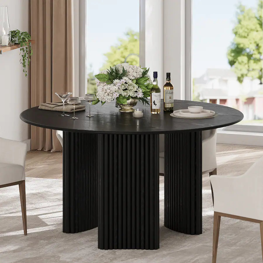 Solid Oak Farmhouse Dining Table for 6, 52" Minimalist Round Kitchen Table with 3-Leg Base - Black