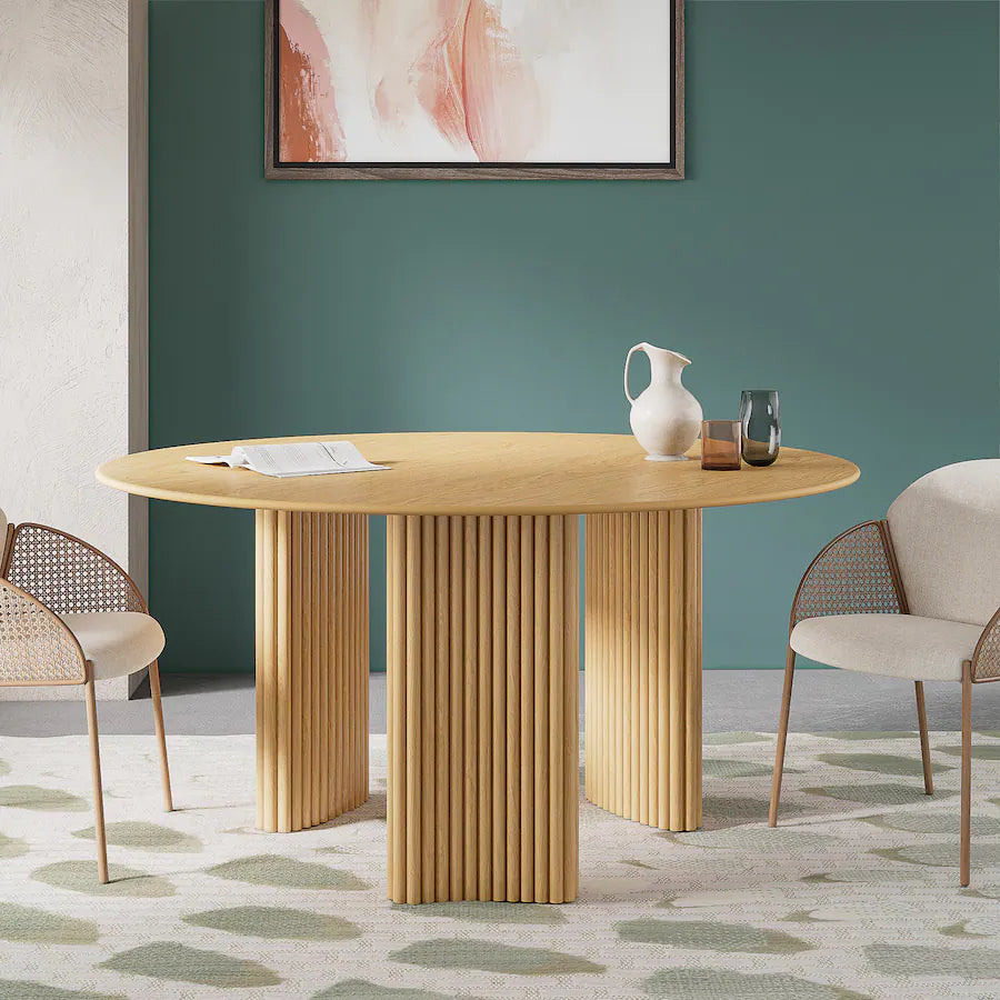 Solid Oak Farmhouse Dining Table for 8, 60" Minimalist Round Kitchen Table with 3-Leg Base - Natural