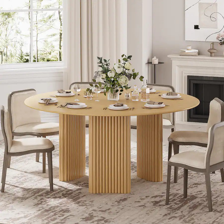Solid Oak Farmhouse Dining Table for 8, 60" Minimalist Round Kitchen Table with 3-Leg Base - Natural