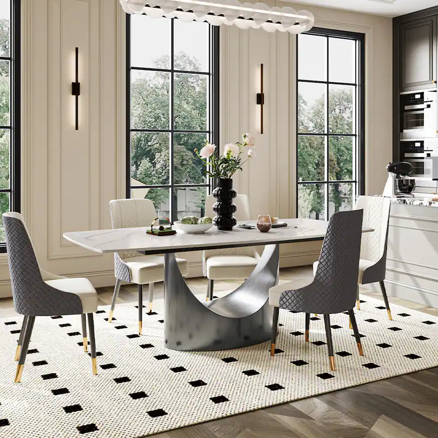 Modern Minimalist Dining Table for 8-10, White Rectangular Matte Sintered Stone Tabletop, Dark Gray Carbon Steel Leg - Matte White Sintered Stone with Gray
